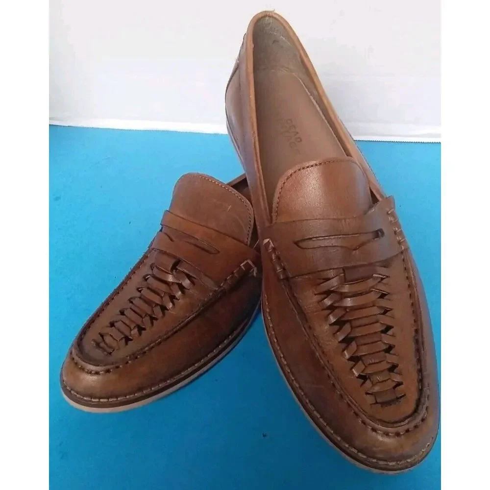 Classic Brown Leather Woven Penny Loafers Casual Dress Shoes‎